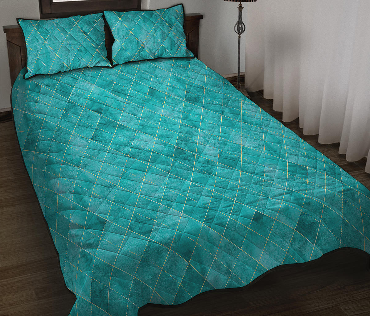 Turquoise Argyle Pattern Print Quilt Bed Set