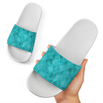 Turquoise Argyle Pattern Print White Slide Sandals
