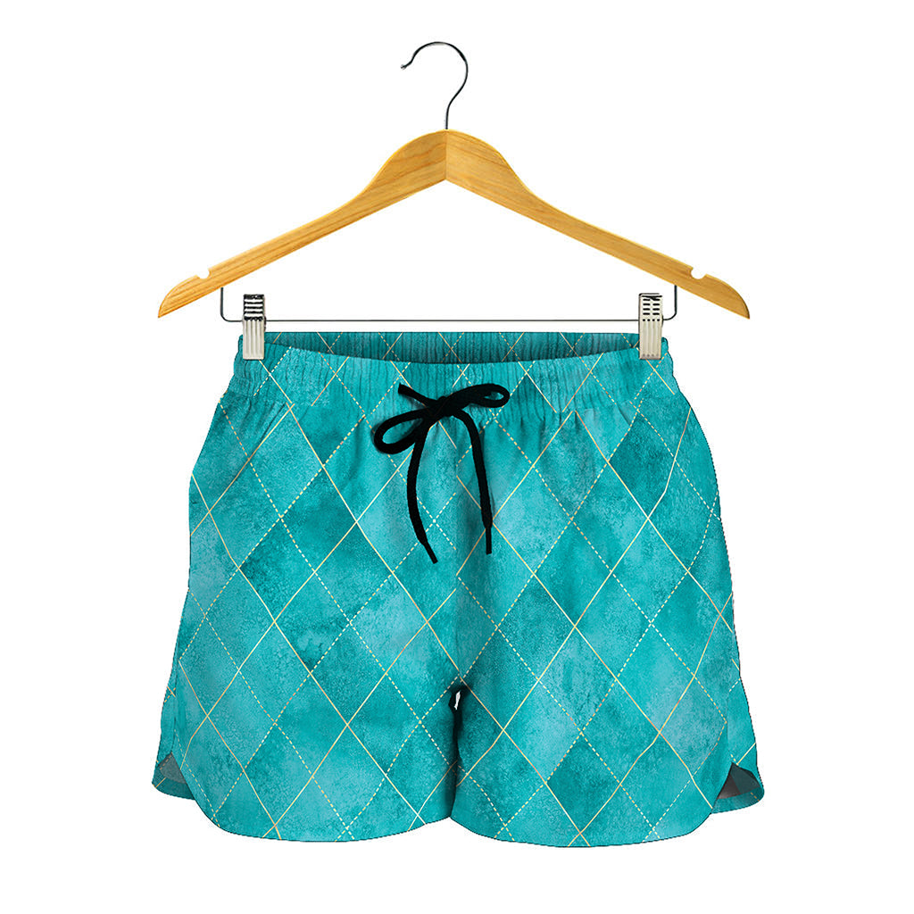 Turquoise Argyle Pattern Print Women's Shorts