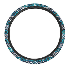 Turquoise Aztec Geometric Pattern Print Car Steering Wheel Cover