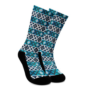 Turquoise Aztec Geometric Pattern Print Crew Socks