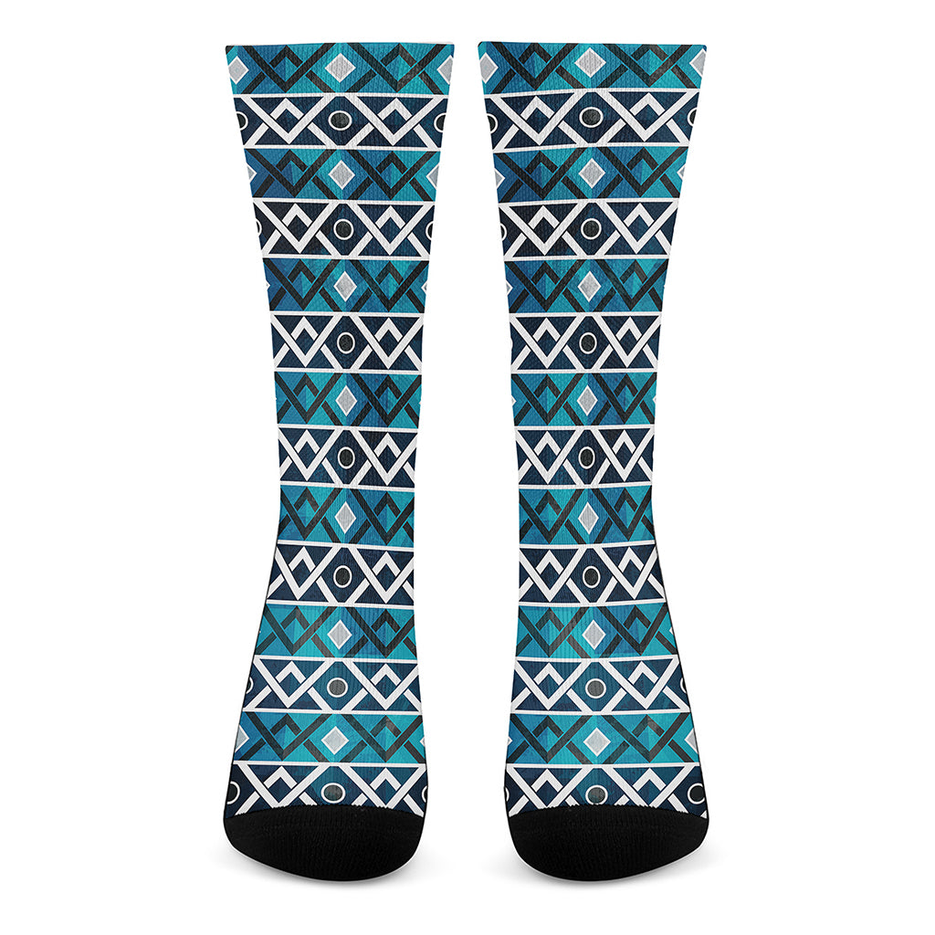 Turquoise Aztec Geometric Pattern Print Crew Socks