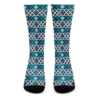 Turquoise Aztec Geometric Pattern Print Crew Socks
