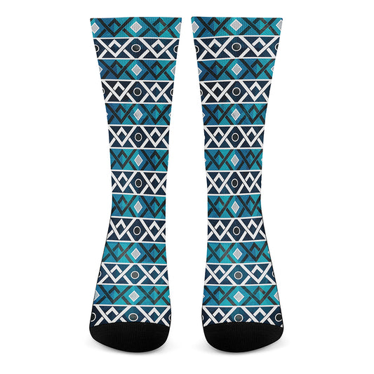 Turquoise Aztec Geometric Pattern Print Crew Socks