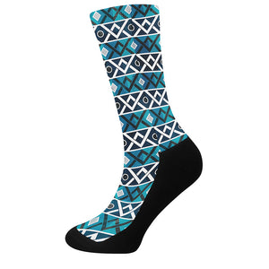 Turquoise Aztec Geometric Pattern Print Crew Socks