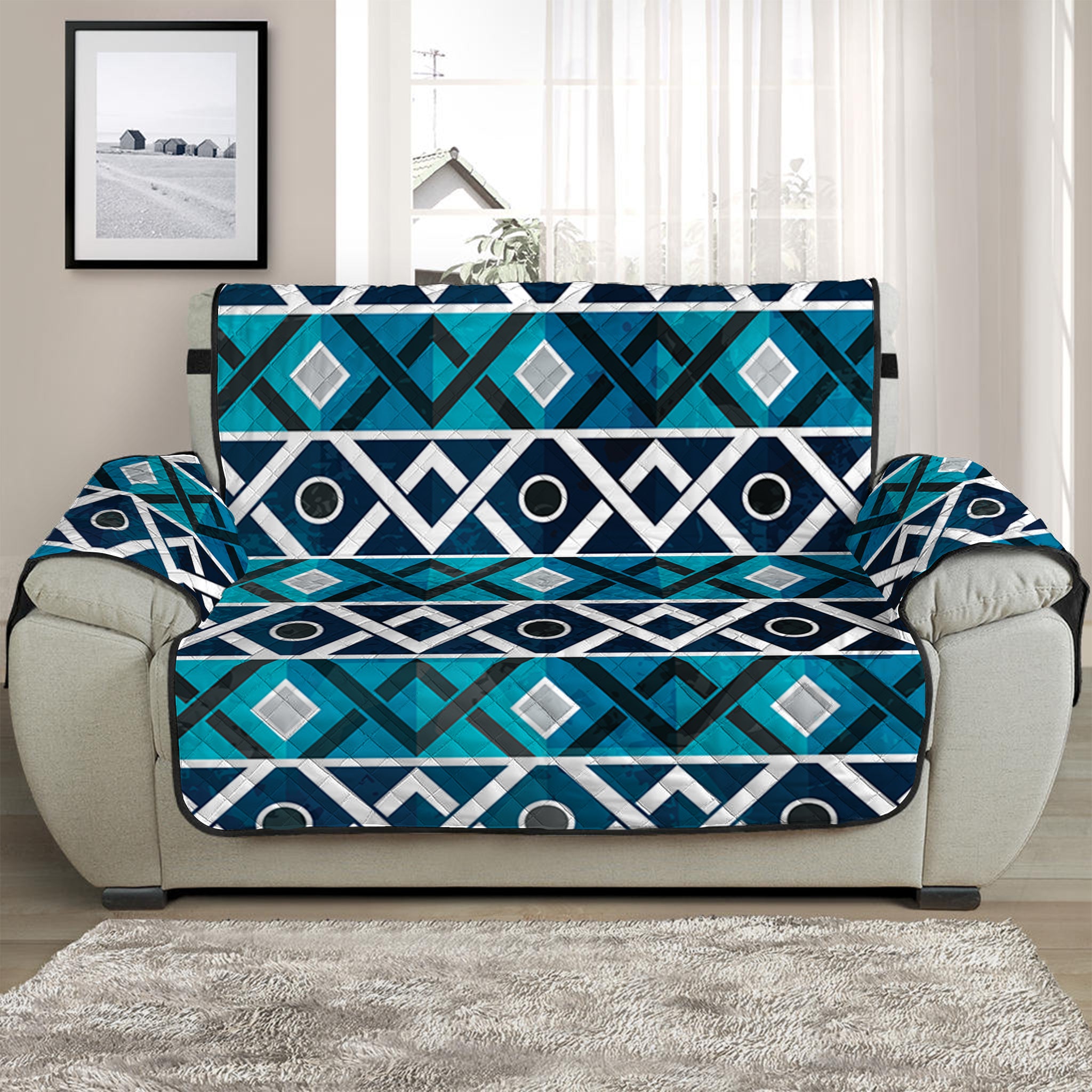 Turquoise Aztec Geometric Pattern Print Half Sofa Protector