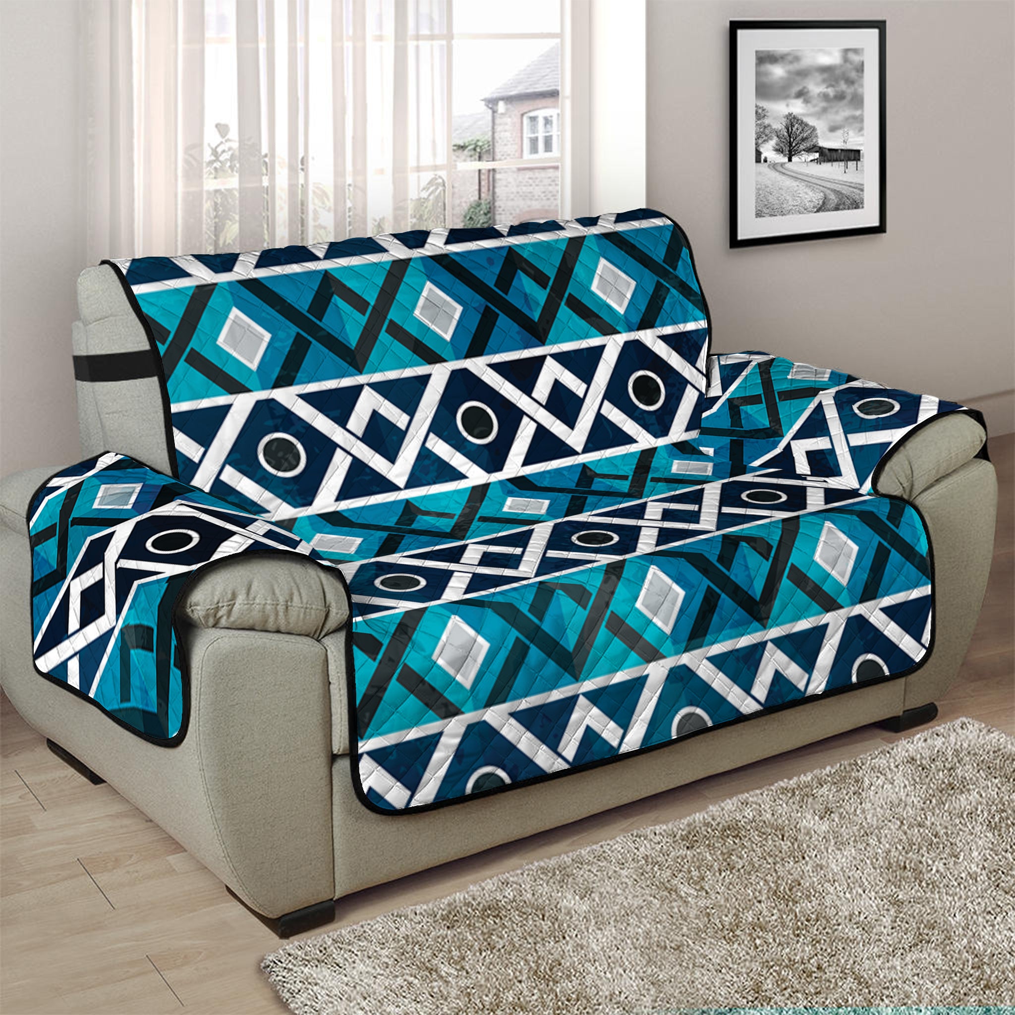 Turquoise Aztec Geometric Pattern Print Half Sofa Protector