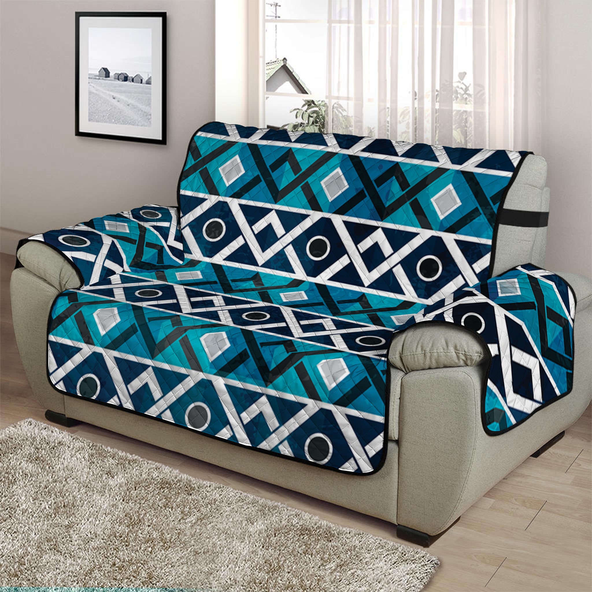 Turquoise Aztec Geometric Pattern Print Half Sofa Protector