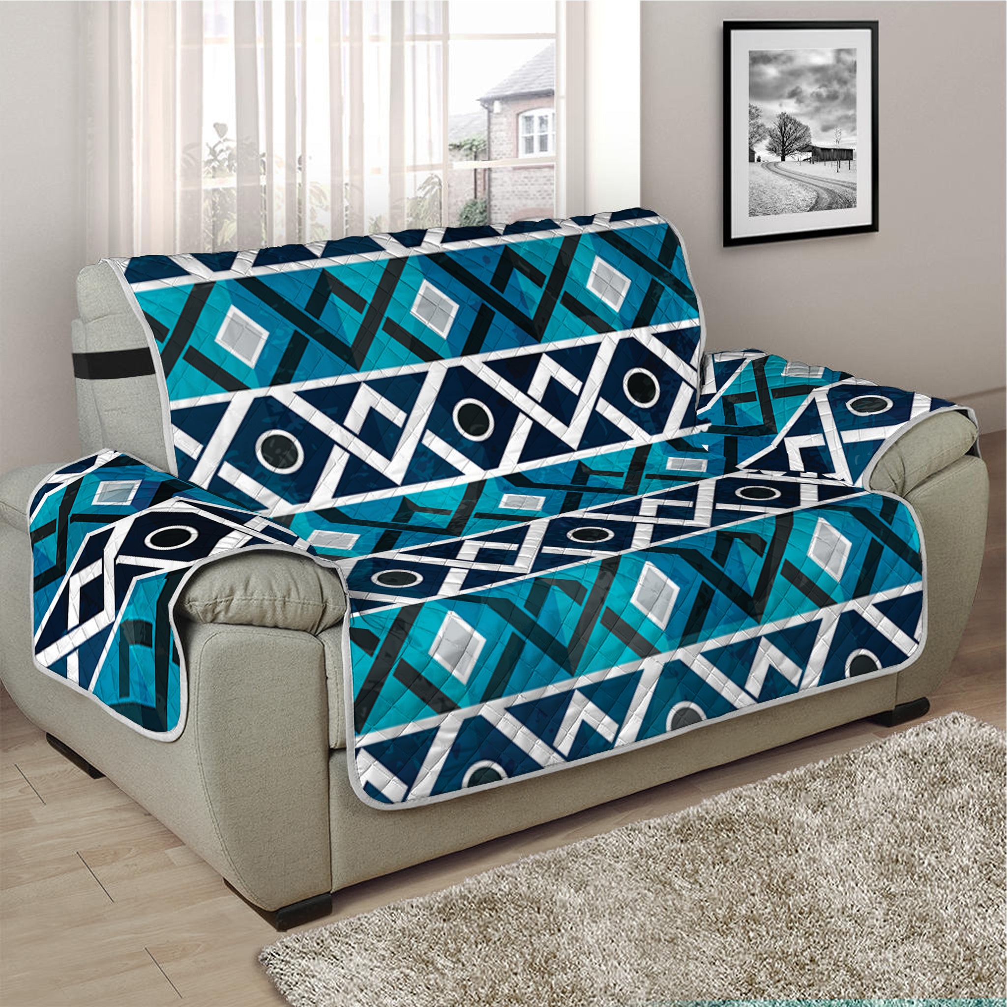 Turquoise Aztec Geometric Pattern Print Half Sofa Protector