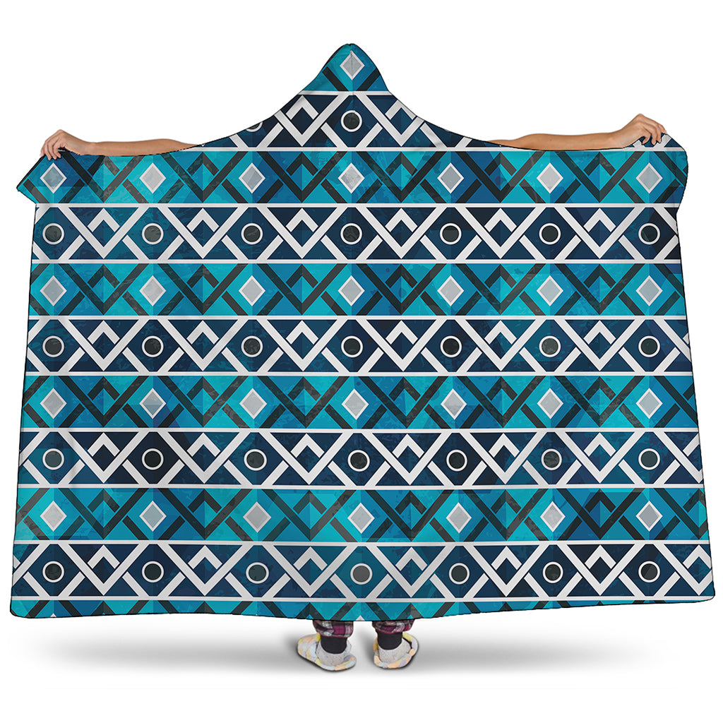 Turquoise Aztec Geometric Pattern Print Hooded Blanket