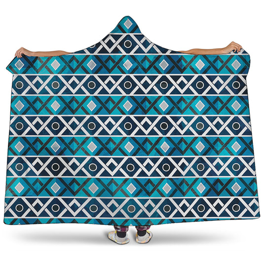 Turquoise Aztec Geometric Pattern Print Hooded Blanket