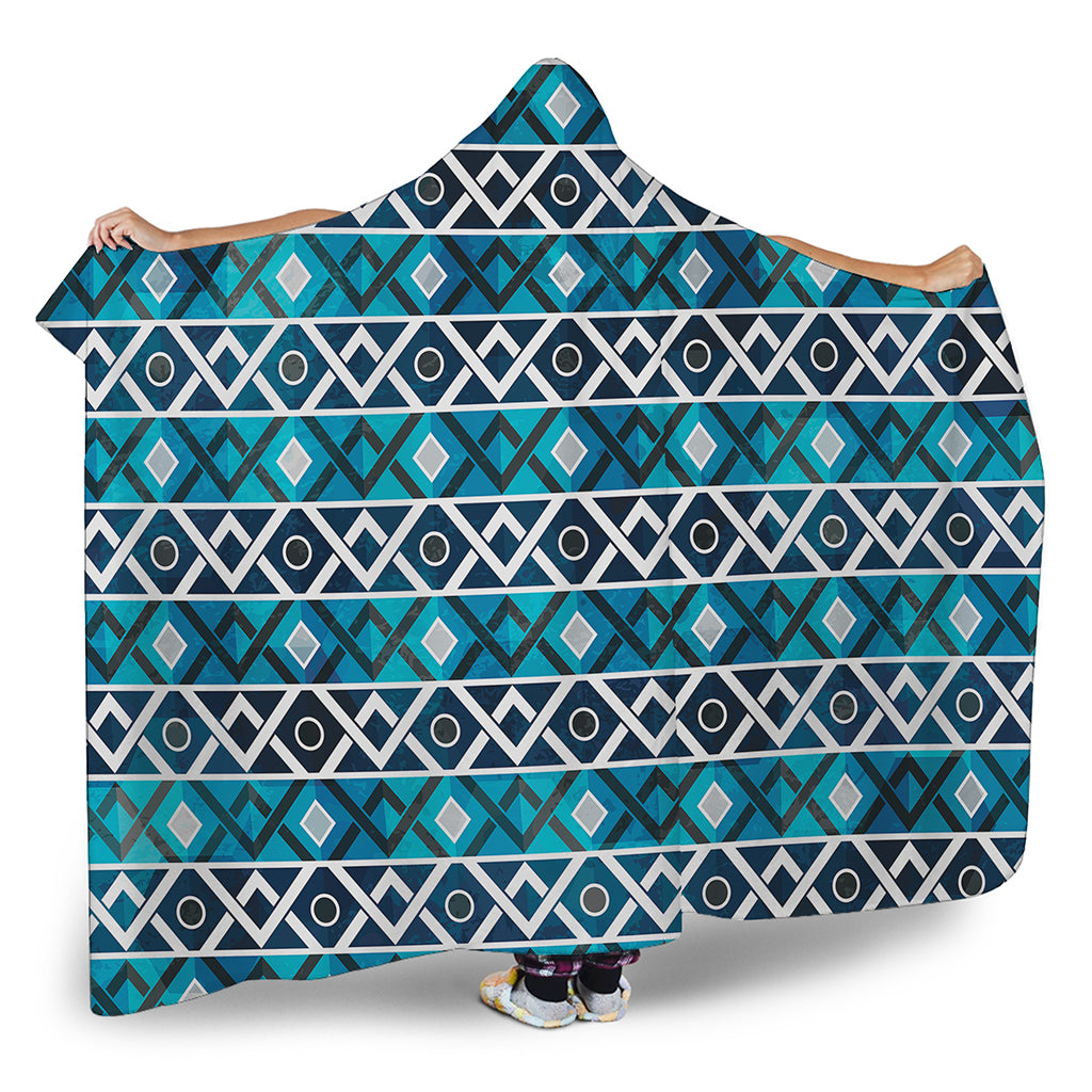 Turquoise Aztec Geometric Pattern Print Hooded Blanket