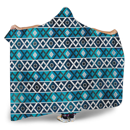 Turquoise Aztec Geometric Pattern Print Hooded Blanket