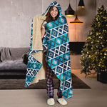 Turquoise Aztec Geometric Pattern Print Hooded Blanket