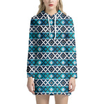 Turquoise Aztec Geometric Pattern Print Hoodie Dress