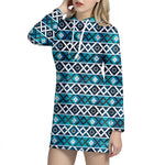 Turquoise Aztec Geometric Pattern Print Hoodie Dress