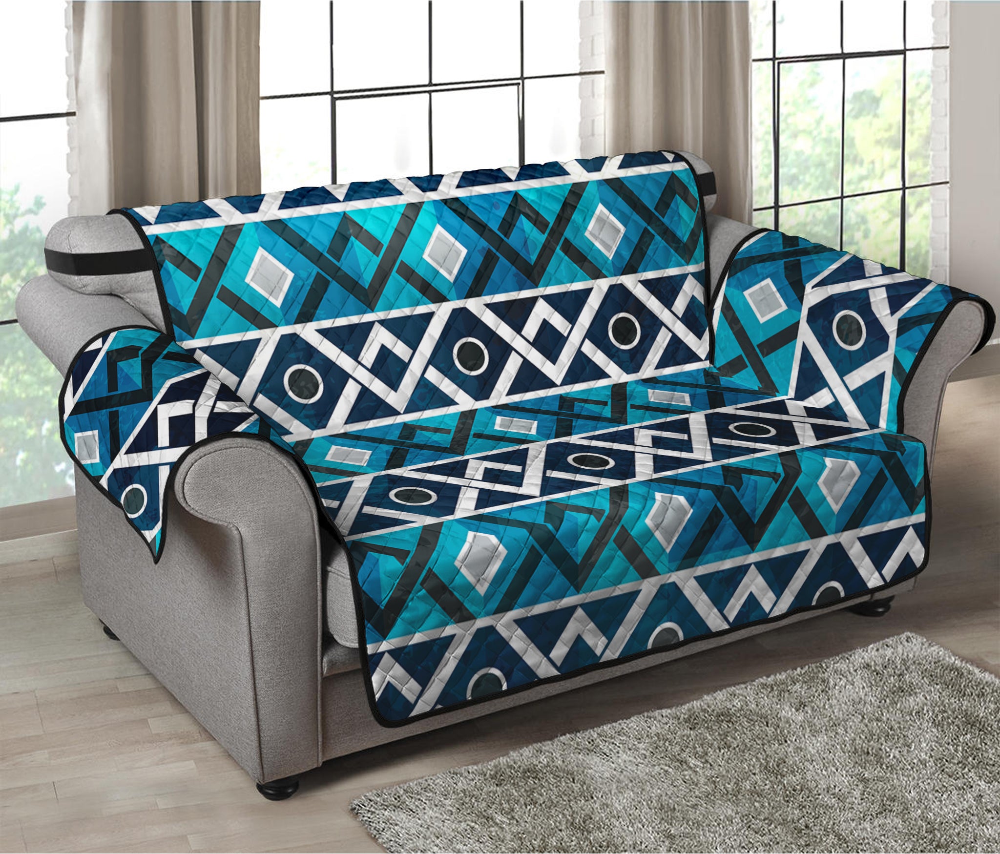 Turquoise Aztec Geometric Pattern Print Loveseat Protector