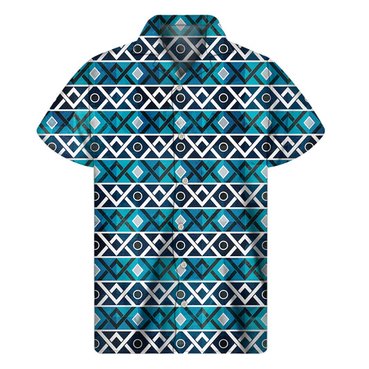 Turquoise Aztec Geometric Pattern Print Men's Short Sleeve Shirt