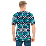 Turquoise Aztec Geometric Pattern Print Men's T-Shirt