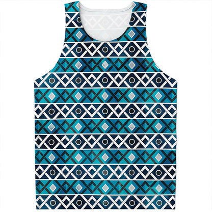 Turquoise Aztec Geometric Pattern Print Men's Tank Top
