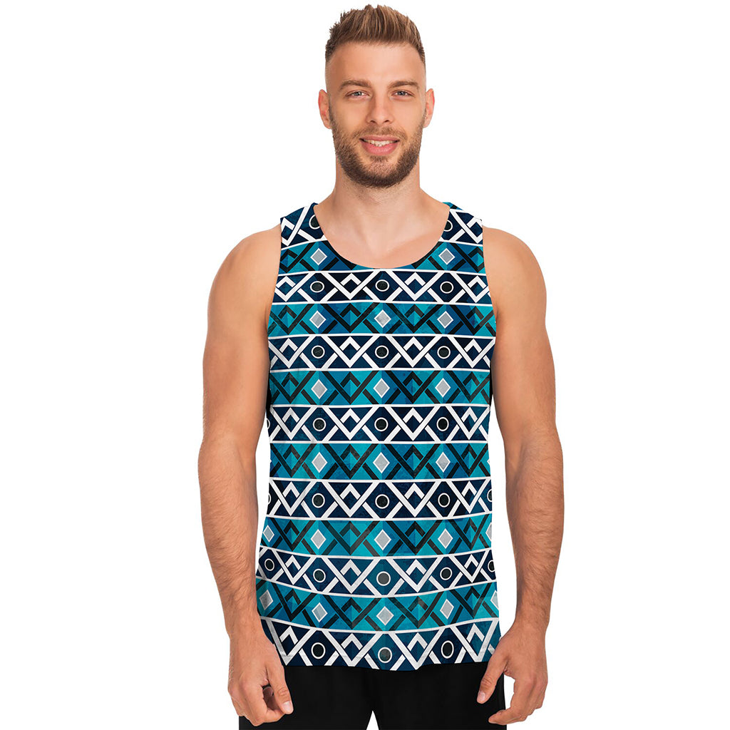 Turquoise Aztec Geometric Pattern Print Men's Tank Top