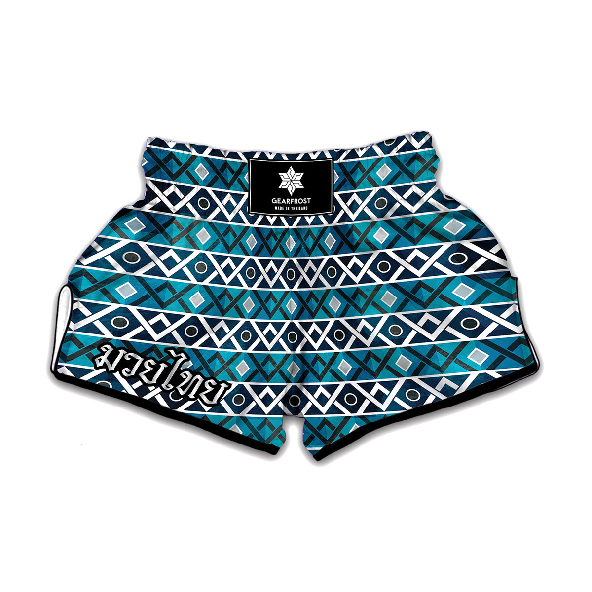 Turquoise Aztec Geometric Pattern Print Muay Thai Boxing Shorts