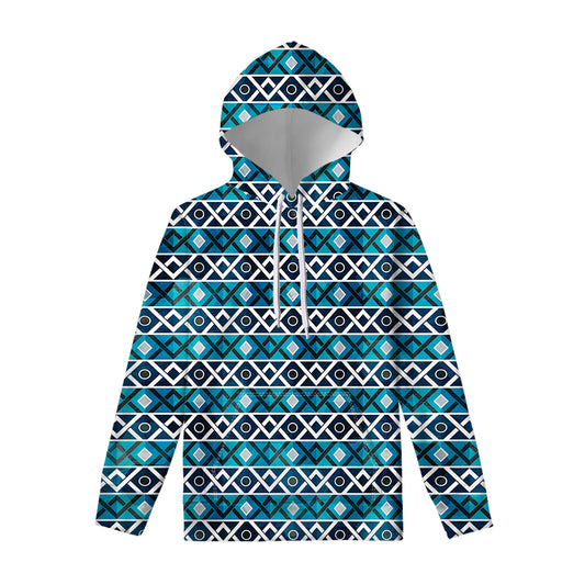 Turquoise Aztec Geometric Pattern Print Pullover Hoodie