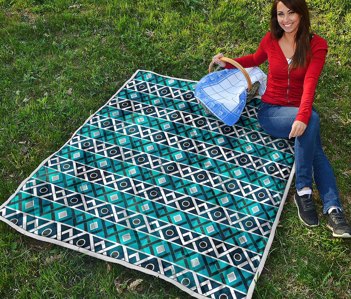 Turquoise Aztec Geometric Pattern Print Quilt