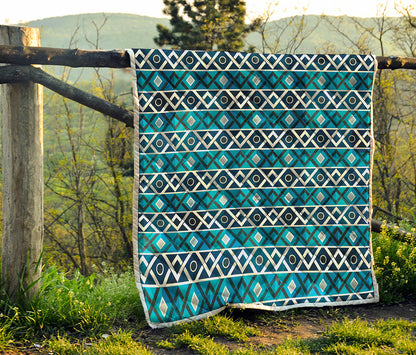 Turquoise Aztec Geometric Pattern Print Quilt