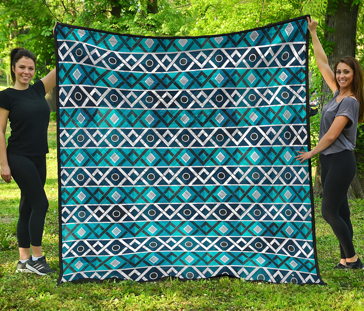 Turquoise Aztec Geometric Pattern Print Quilt