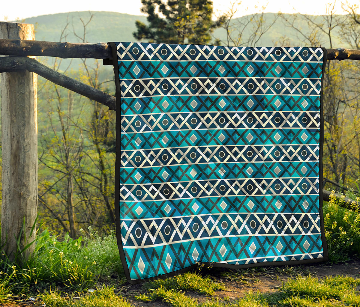 Turquoise Aztec Geometric Pattern Print Quilt