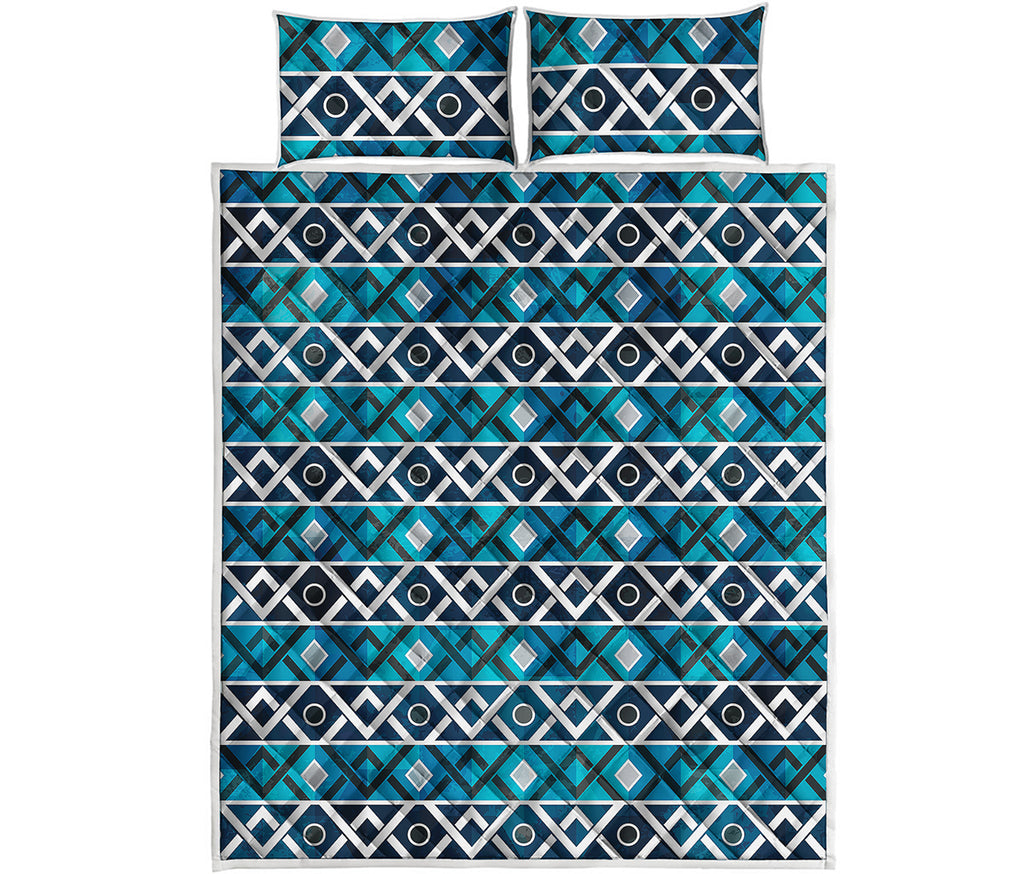 Turquoise Aztec Geometric Pattern Print Quilt Bed Set