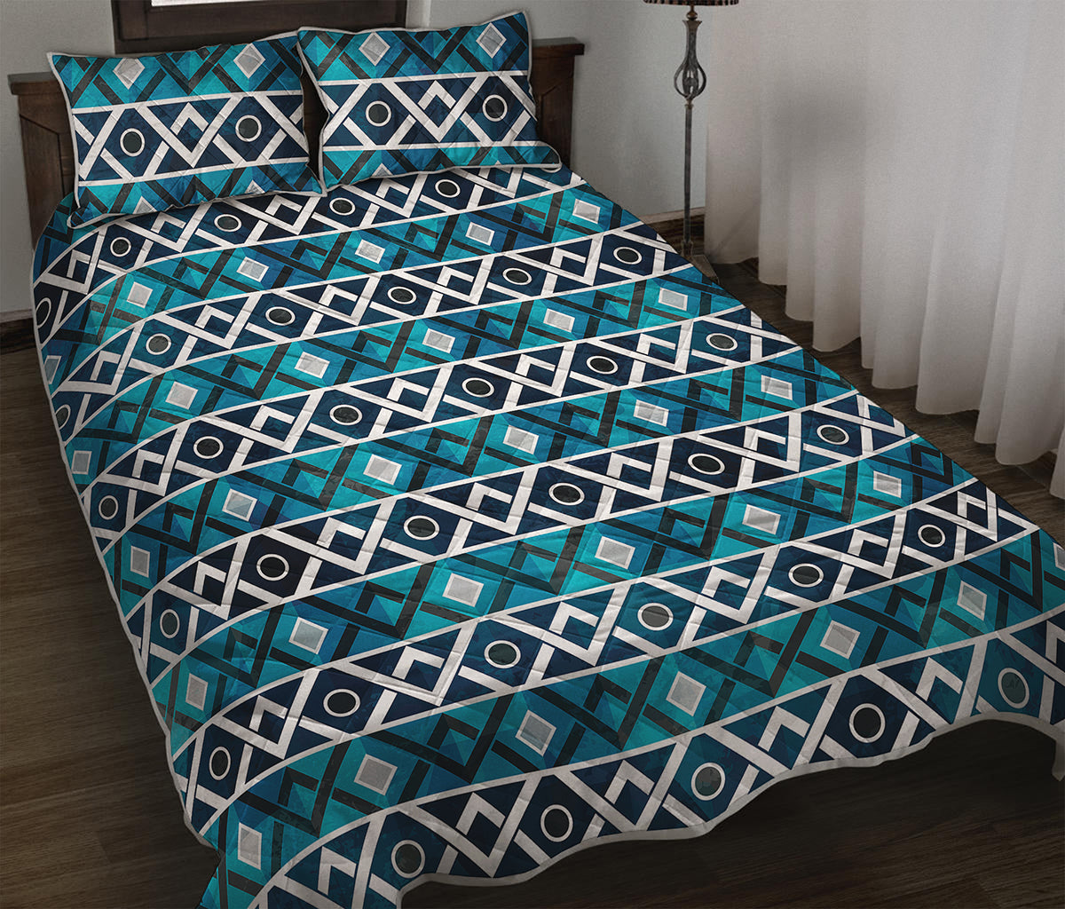 Turquoise Aztec Geometric Pattern Print Quilt Bed Set