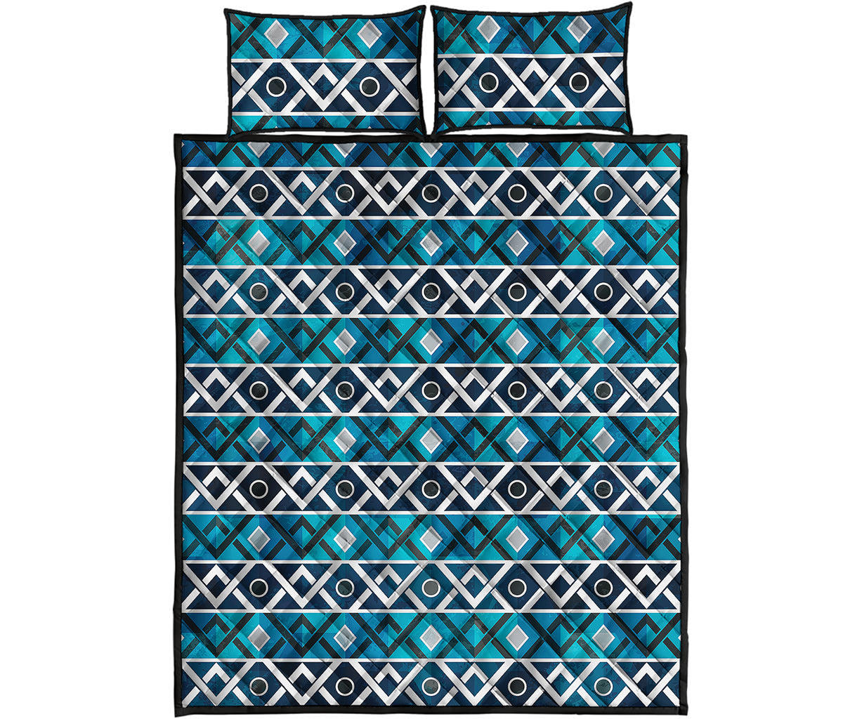 Turquoise Aztec Geometric Pattern Print Quilt Bed Set