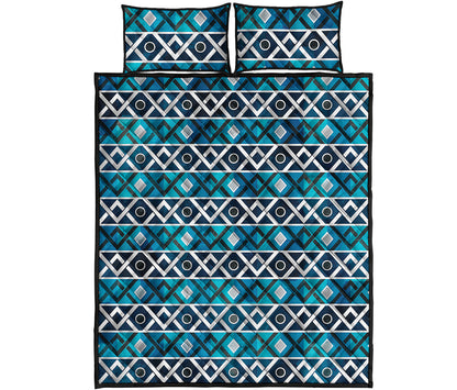Turquoise Aztec Geometric Pattern Print Quilt Bed Set