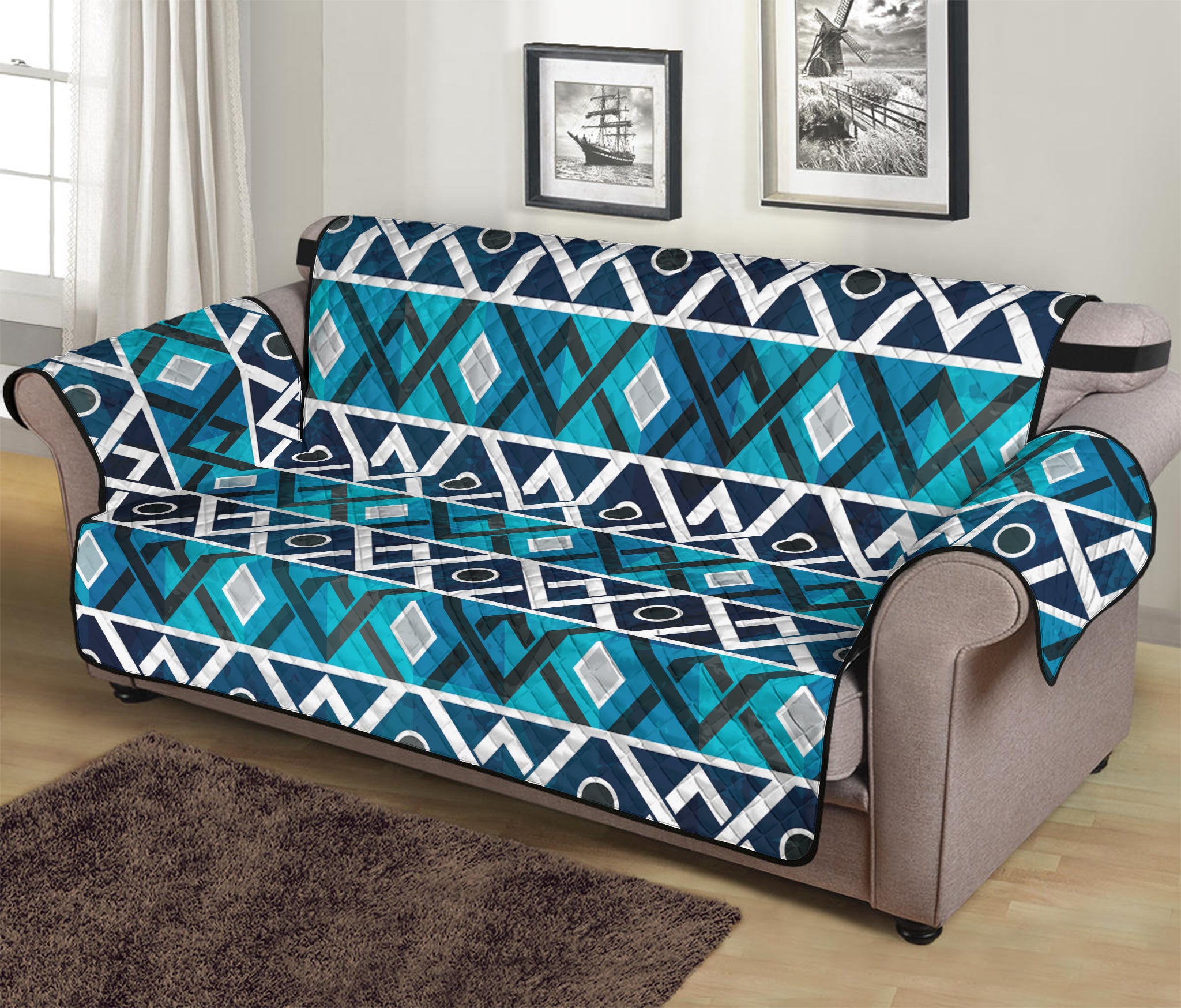 Turquoise Aztec Geometric Pattern Print Sofa Protector