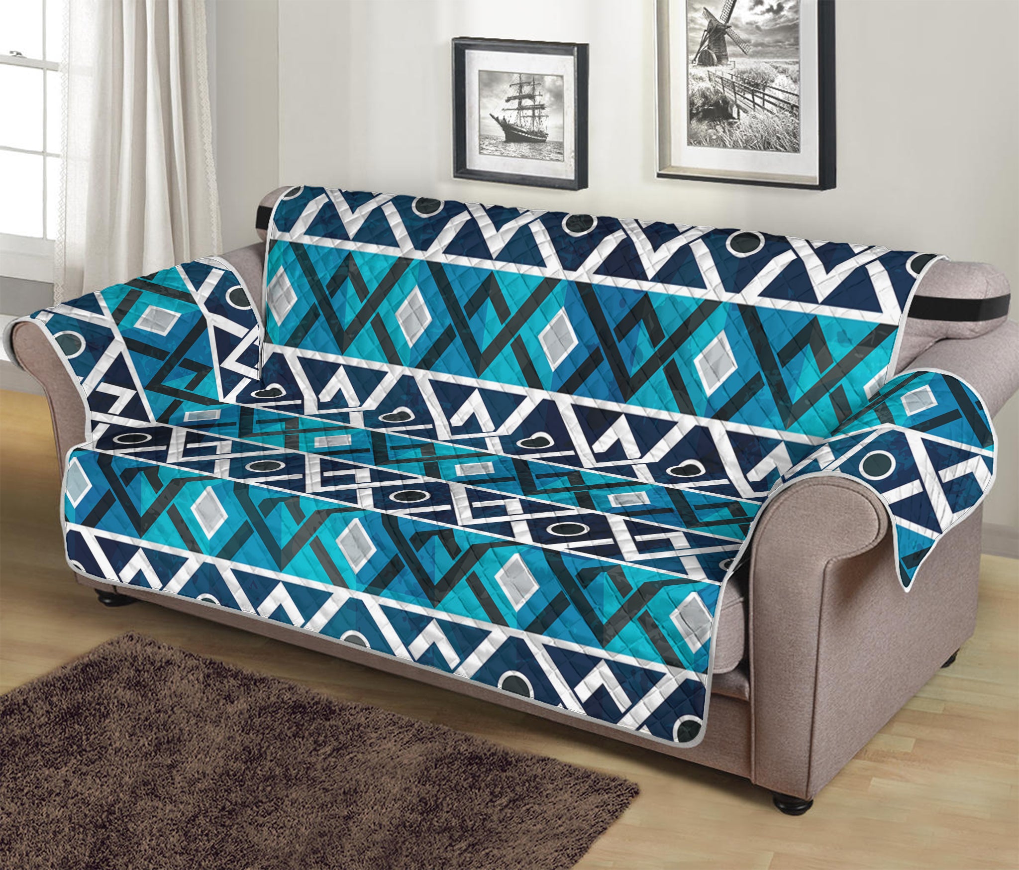 Turquoise Aztec Geometric Pattern Print Sofa Protector