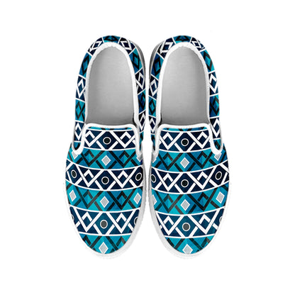 Turquoise Aztec Geometric Pattern Print White Slip On Shoes
