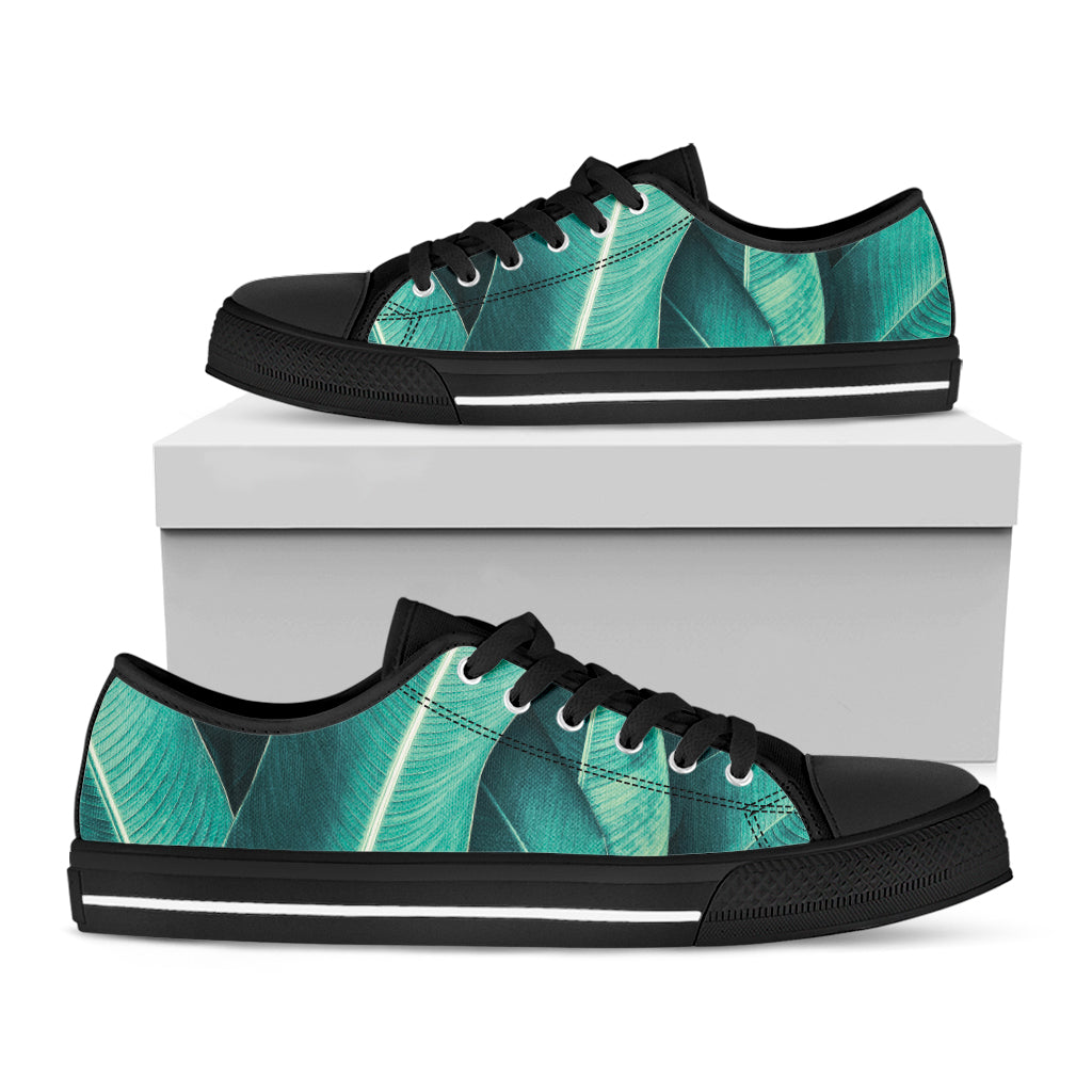 Turquoise Banana Leaf Print Black Low Top Shoes