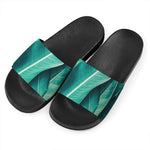 Turquoise Banana Leaf Print Black Slide Sandals