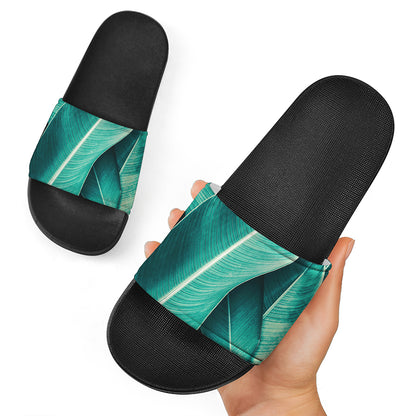 Turquoise Banana Leaf Print Black Slide Sandals