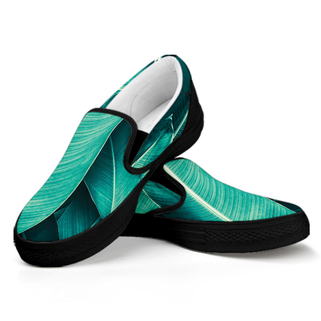 Turquoise Banana Leaf Print Black Slip On Shoes