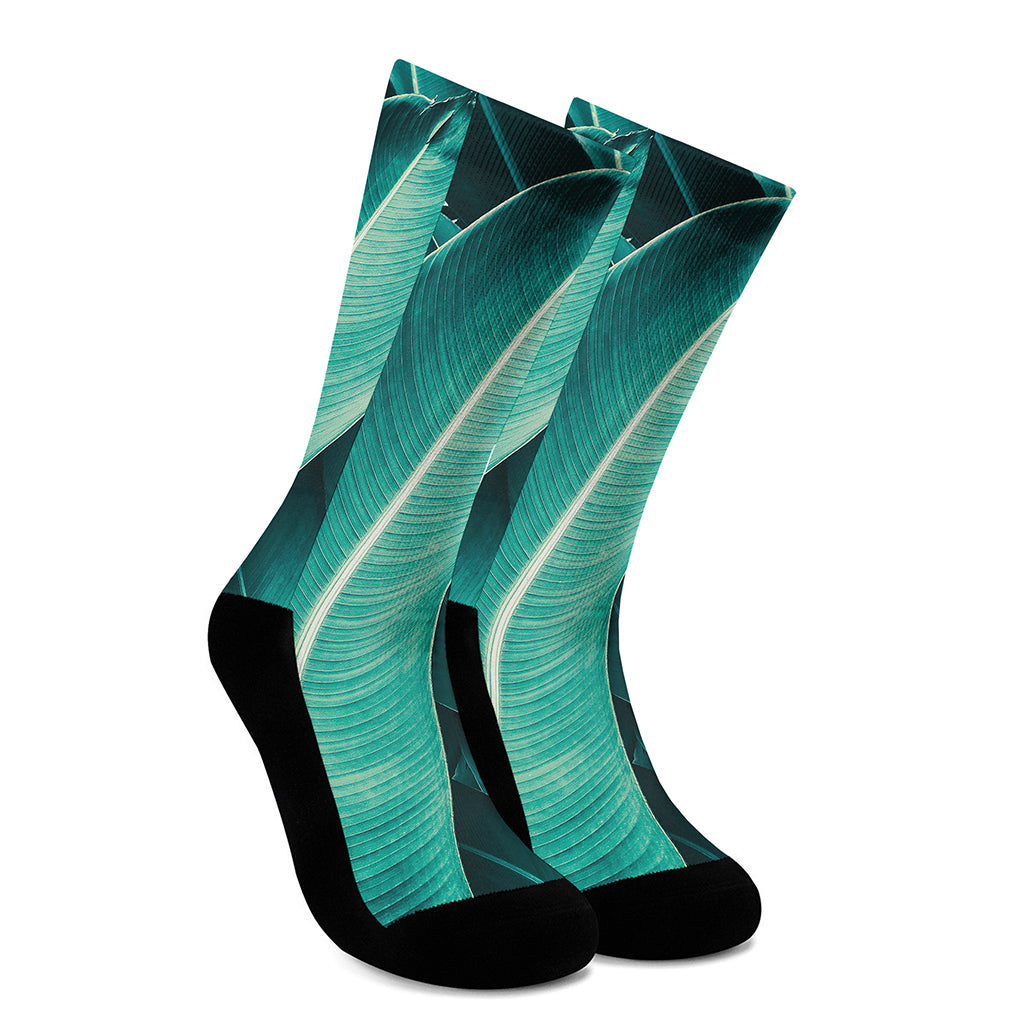 Turquoise Banana Leaf Print Crew Socks