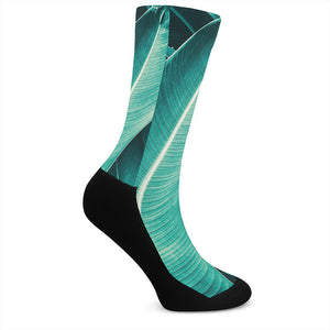 Turquoise Banana Leaf Print Crew Socks