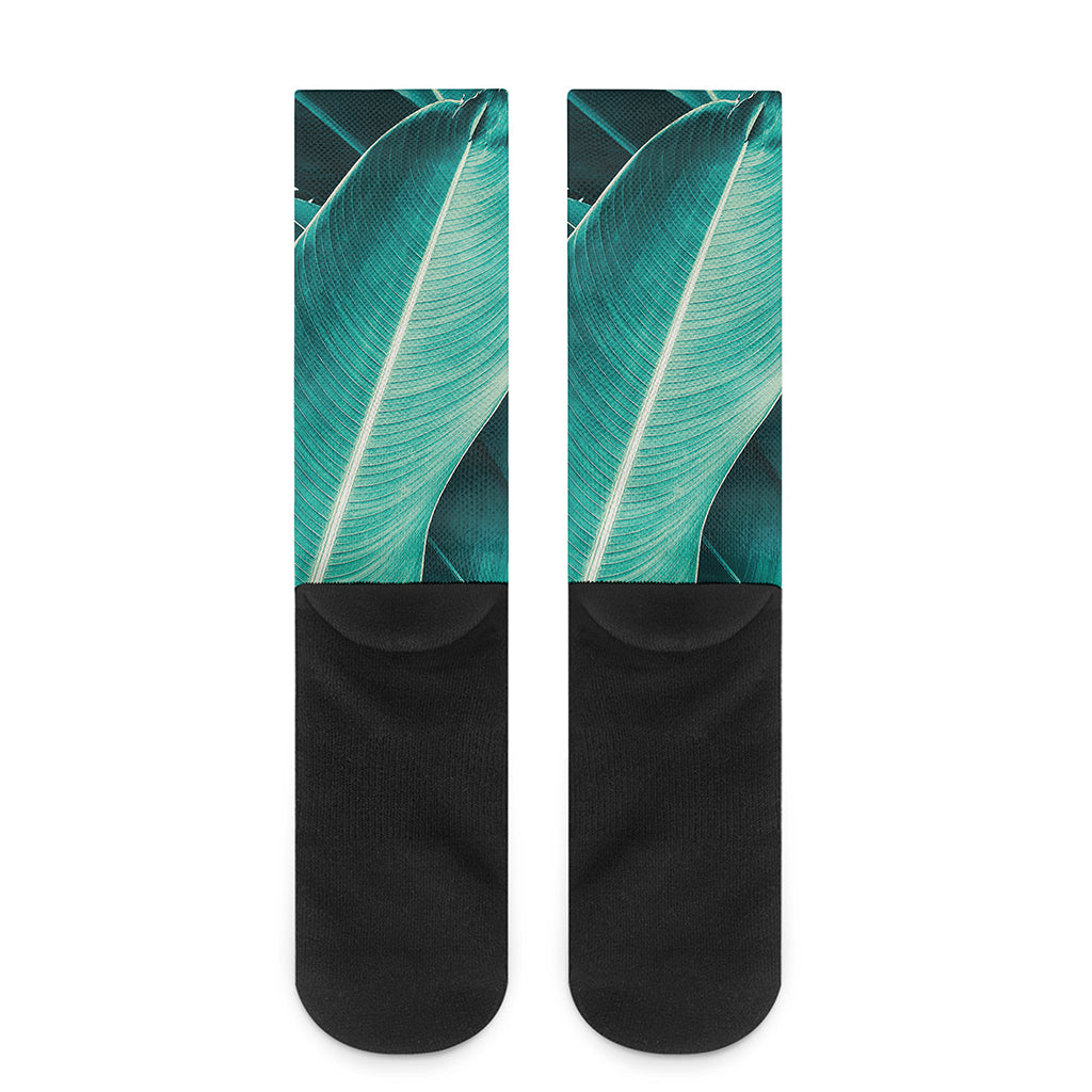 Turquoise Banana Leaf Print Crew Socks