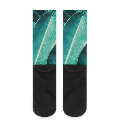 Turquoise Banana Leaf Print Crew Socks