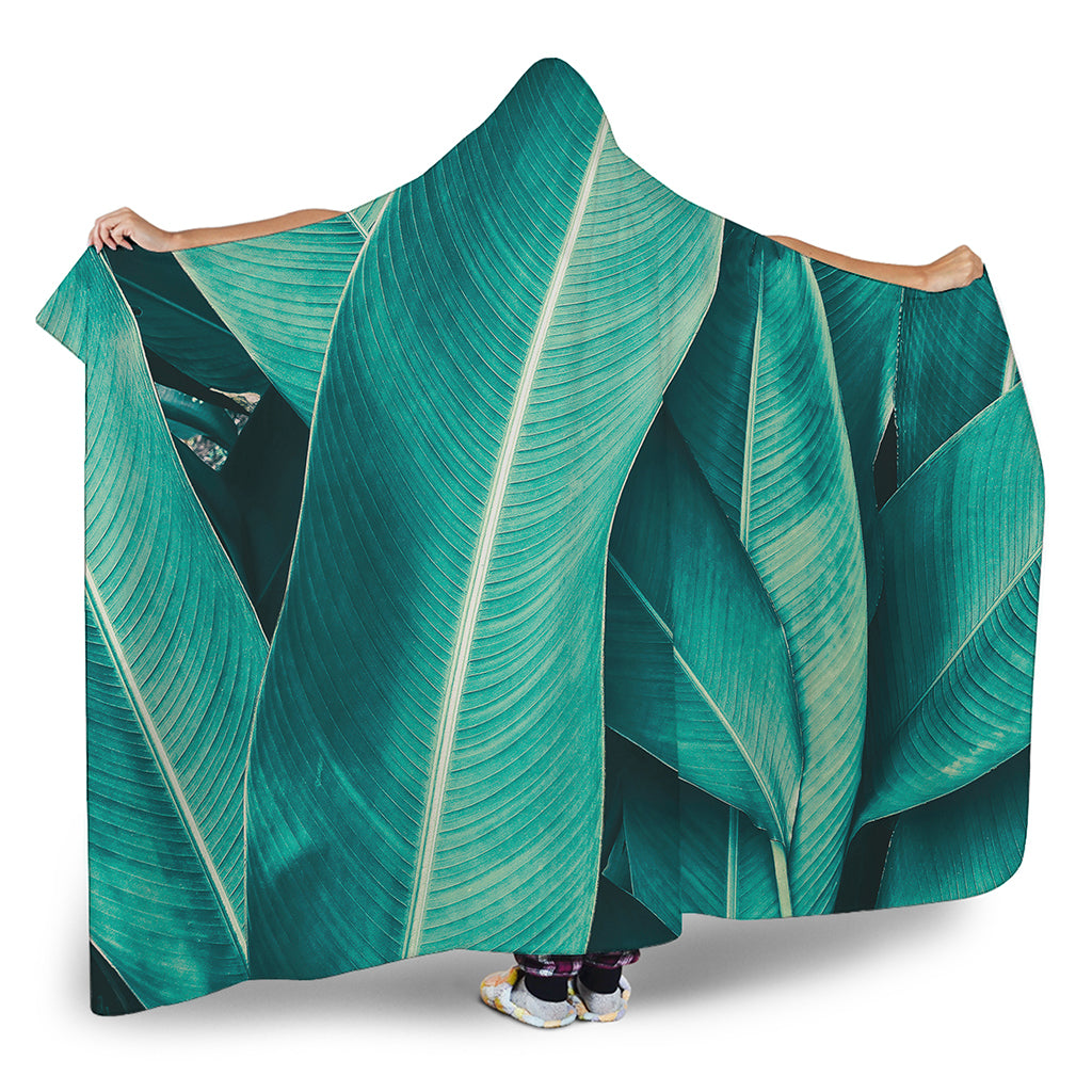 Turquoise Banana Leaf Print Hooded Blanket