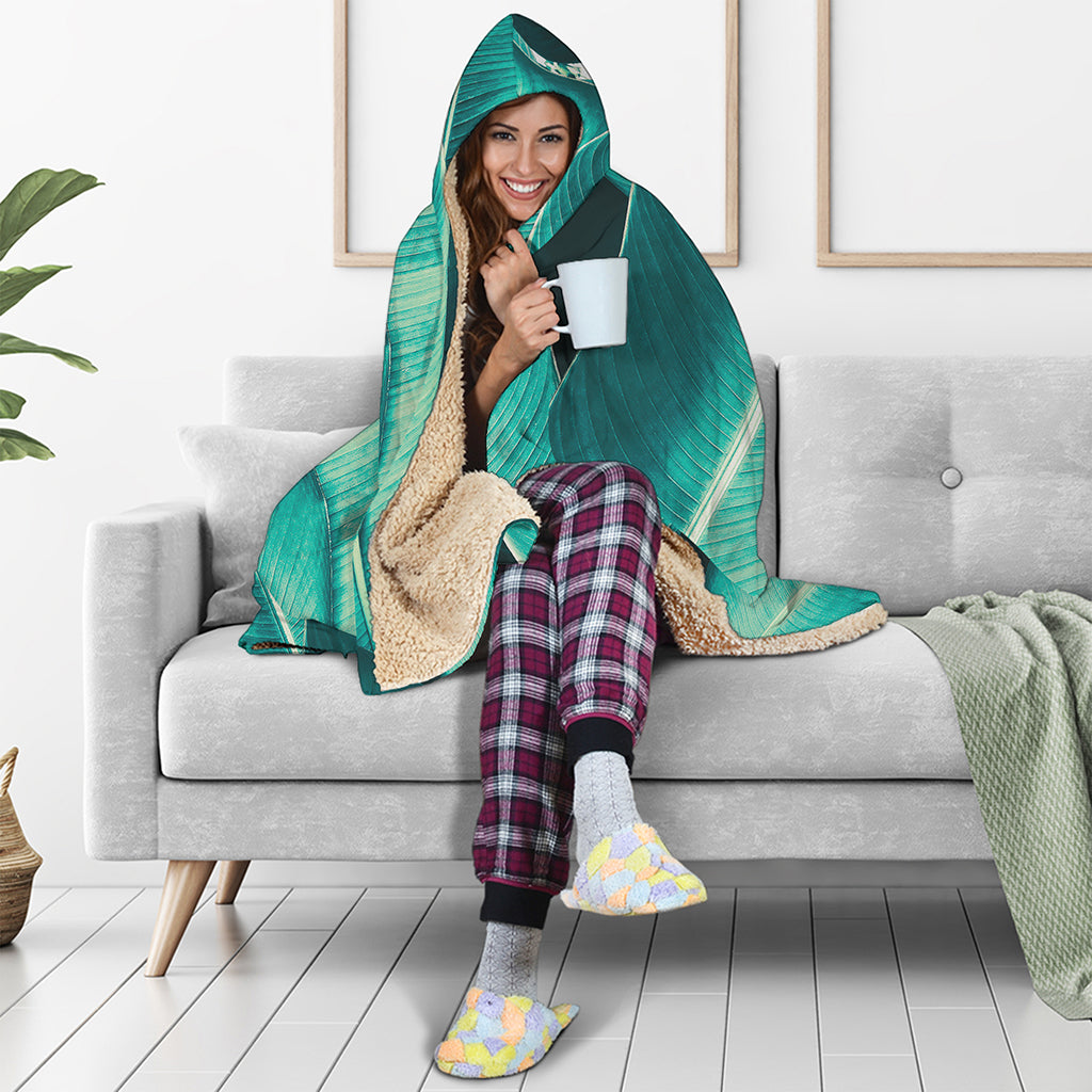 Turquoise Banana Leaf Print Hooded Blanket