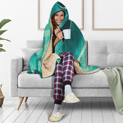 Turquoise Banana Leaf Print Hooded Blanket
