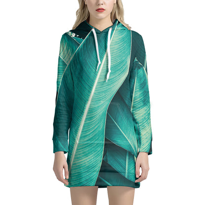 Turquoise Banana Leaf Print Hoodie Dress